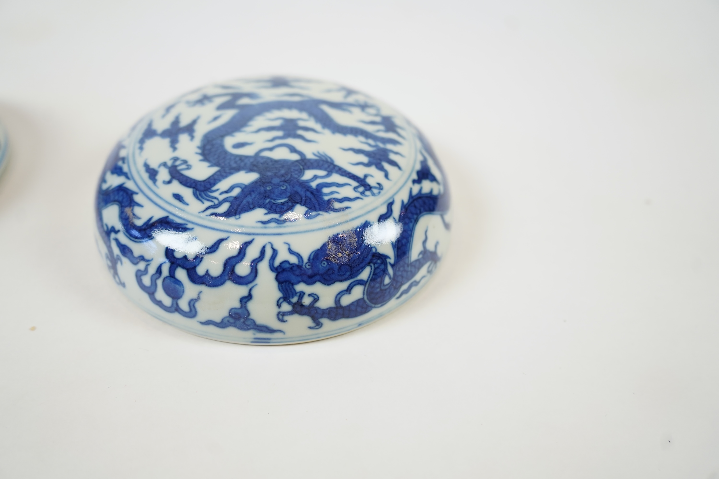 A Chinese blue and white ‘dragon’ box and cover, Jiajing six character mark, 19th century